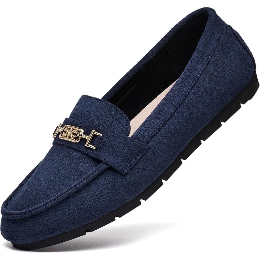 Women Blue Suede Accent Buckle Leisure Slip On Comfort Walking Flats Shoes